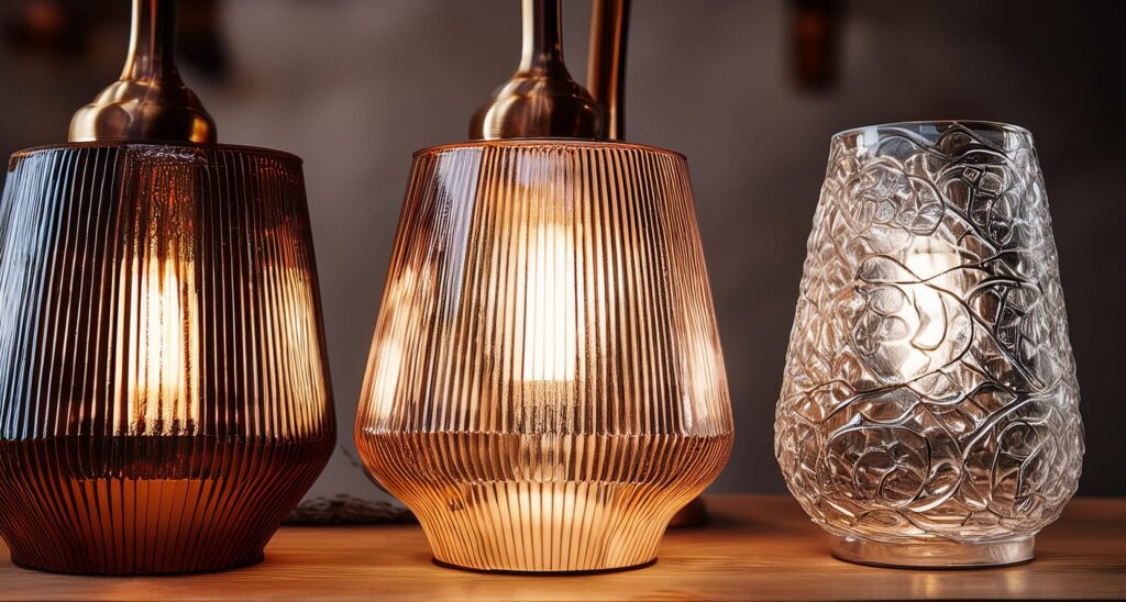 Close-up images of lamps made from glass, metal, and wood, showcasing the texture and finish 