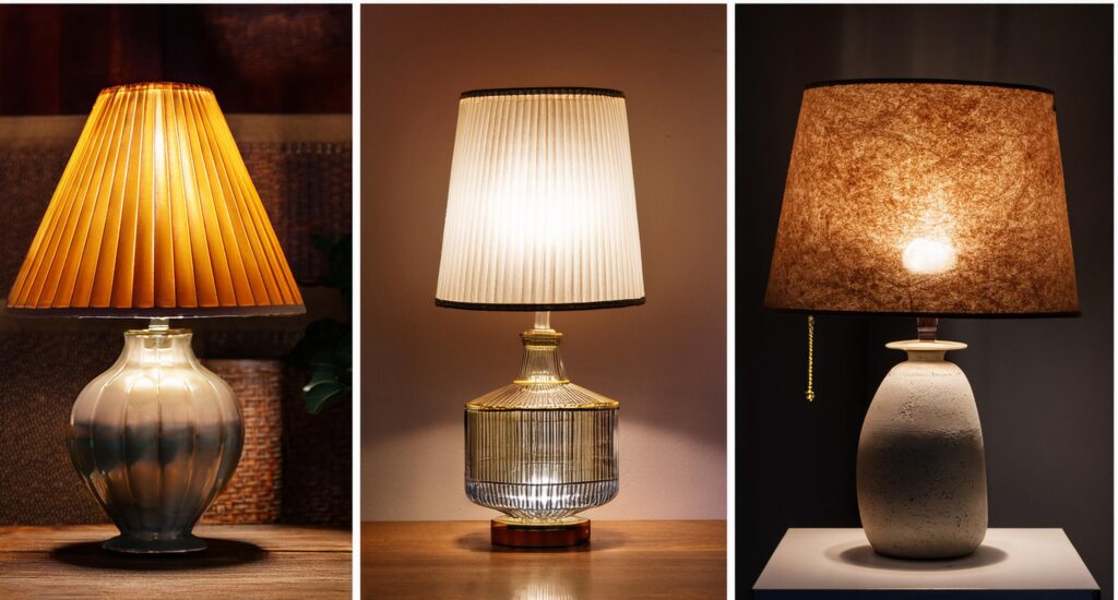 Collage showing various types of decorative table lamps: classic, modern, rustic, and industrial styles