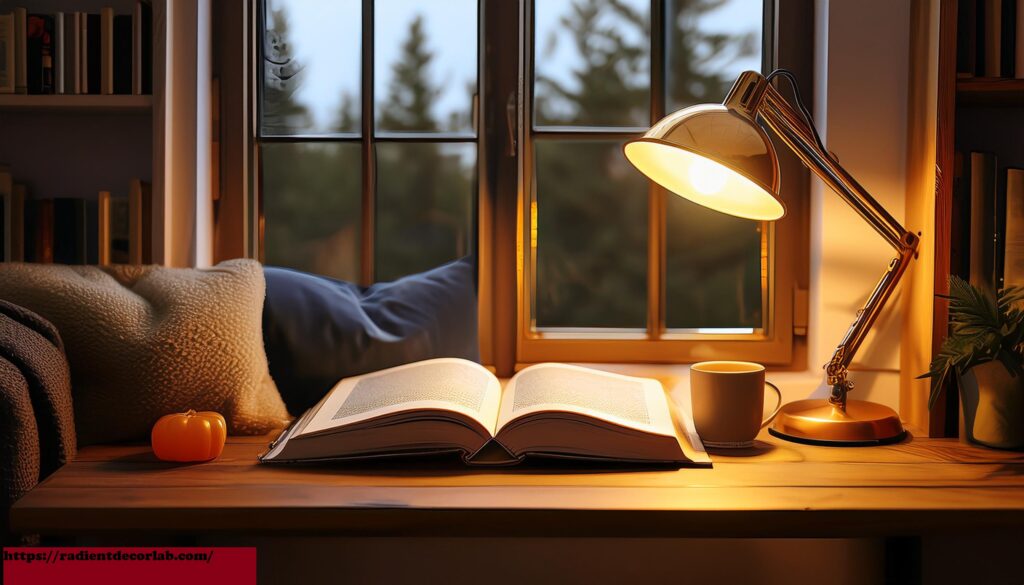 Cozy reading corner with a stylish reading lamp illuminating a book