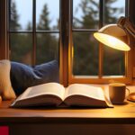 Cozy reading corner with a stylish reading lamp illuminating a book