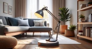 Modern adjustable reading lamp in a cozy small living room