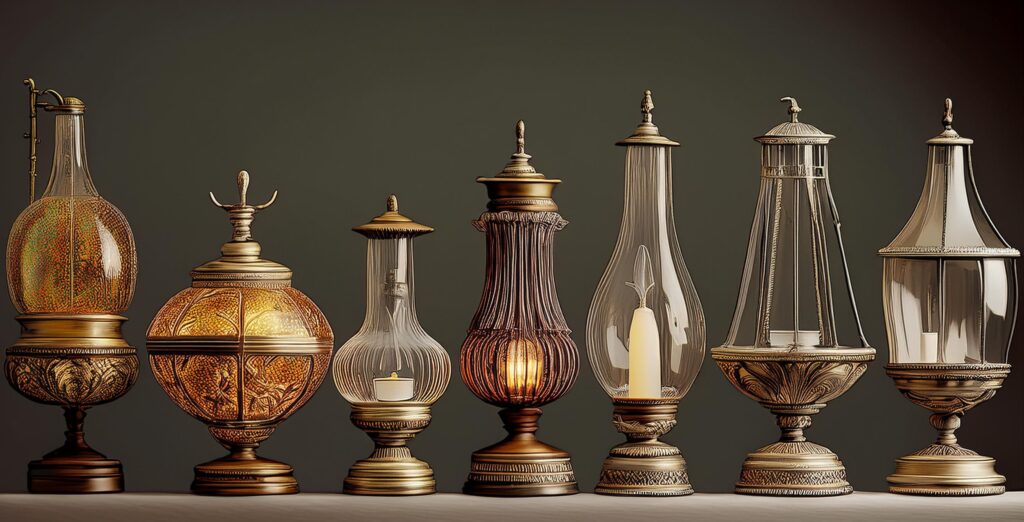 Timeline of the evolution of decorative table lamps from ancient oil lamps to modern designs