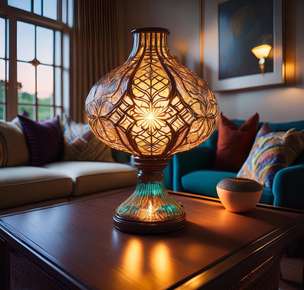 A beautifully lit living room with a vintage Murano glass table lamp placed on a side table. The lamp’s intricate glasswork glows warmly, creating an inviting and elegant atmosphere that complements the classic decor
