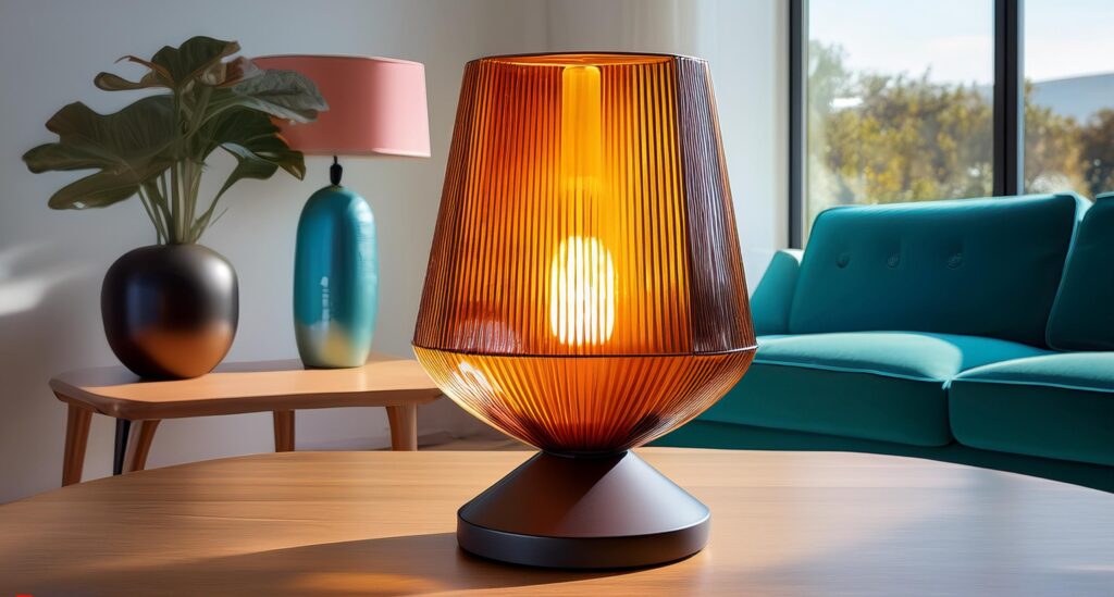 A retro glass table lamp with a sleek, mid-century modern design, adding a pop of color and style to a minimalist living room space