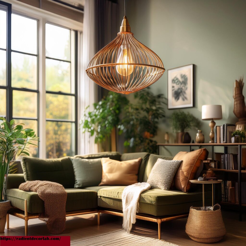 A vintage brass pendant light hanging in a cozy living room.