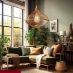 A vintage brass pendant light hanging in a cozy living room.