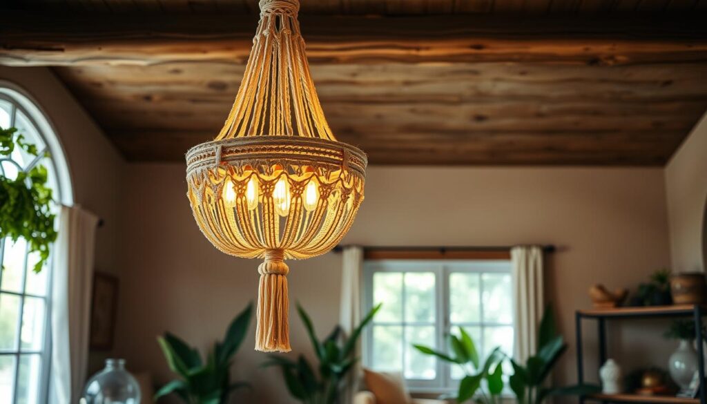 An elegant boho chandelier made of natural materials, featuring intricate macramé and woven elements, hanging from a rustic wooden ceiling. Soft, warm lighting casts delicate shadows, surrounded by lush greenery and stylish decor elements in a cozy living space.