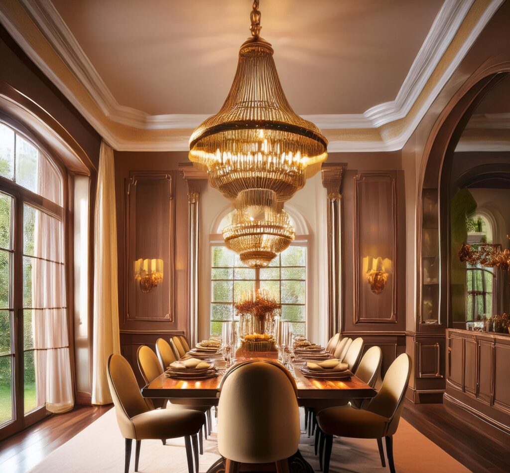 Antique solid brass chandelier hanging in a luxurious dining room, illuminating the space with warm light and complementing classic decor