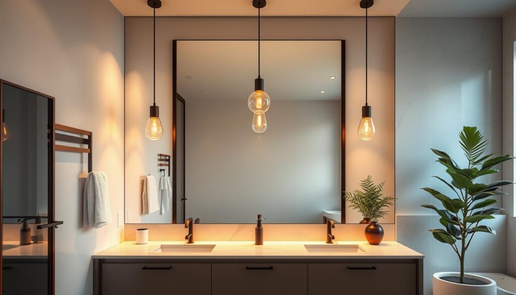 Bathroom pendant lights A stylish bathroom featuring elegant pendant lights hanging gracefully above a sleek vanity, warm ambient lighting casting soft shadows, modern decor with marble accents, and greenery for a fresh touch.