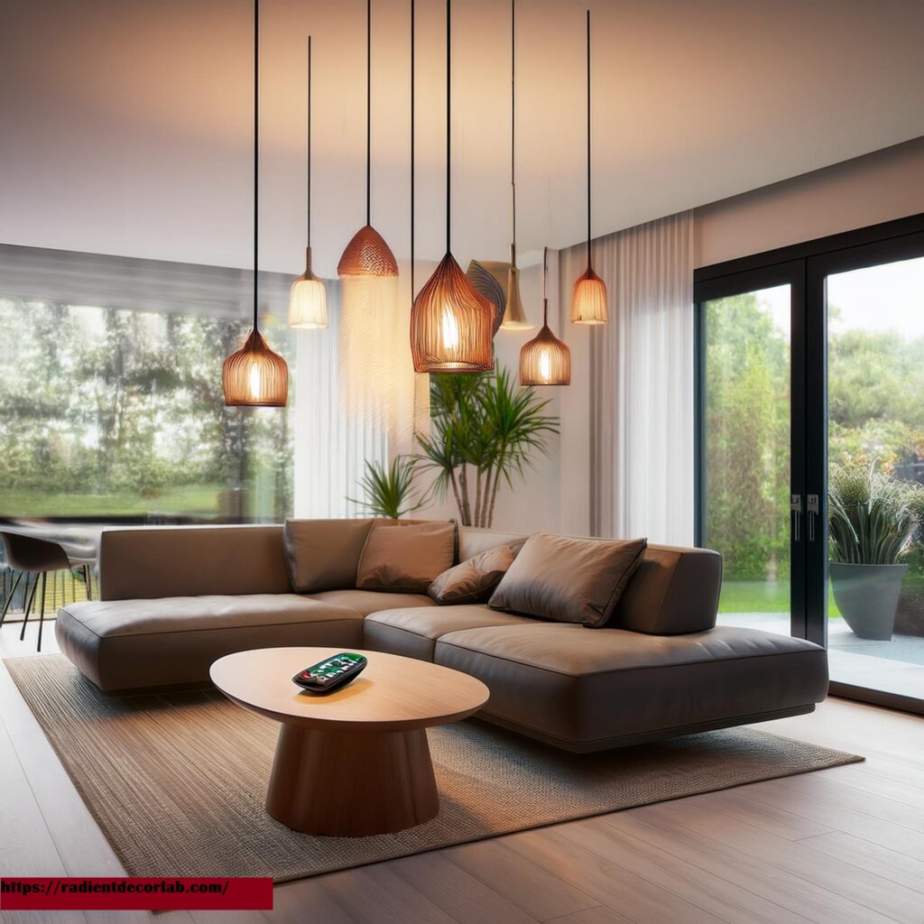 Battery operated pendant light with remote in a modern living room