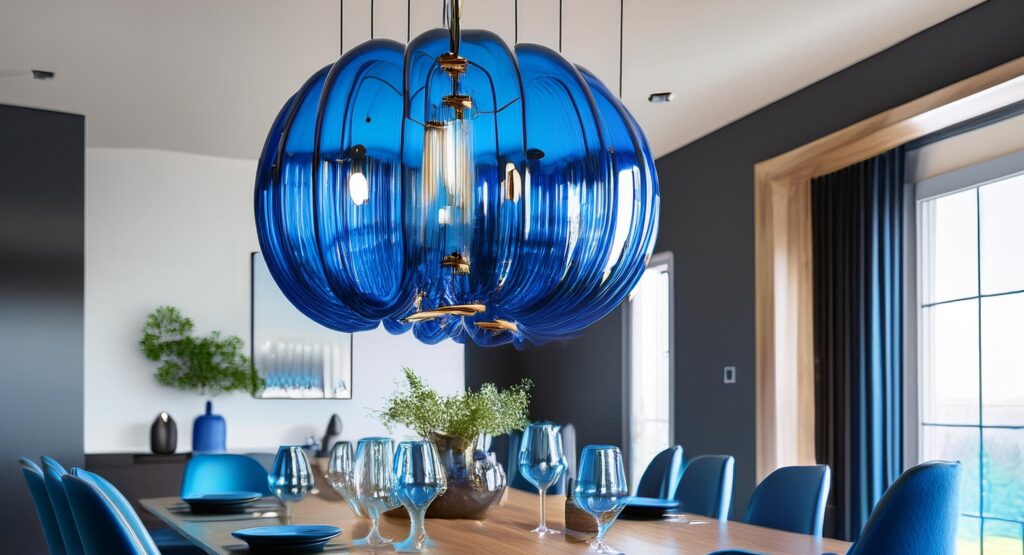 Blue blown glass chandelier hanging in a contemporary dining room, adding a sophisticated pop of color and artistic flair to the interior decor