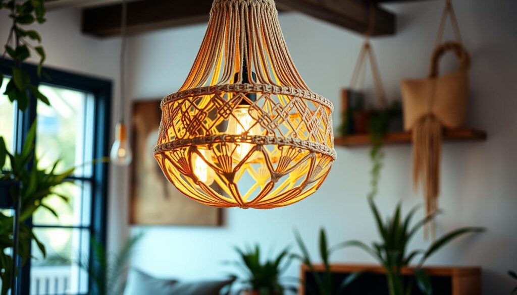 Boho pendant light design, intricate macramé details, warm earthy tones, softly glowing bulbs, hanging in a cozy interior setting, surrounded by plants and natural textures, inviting atmosphere, stylish home décor accent