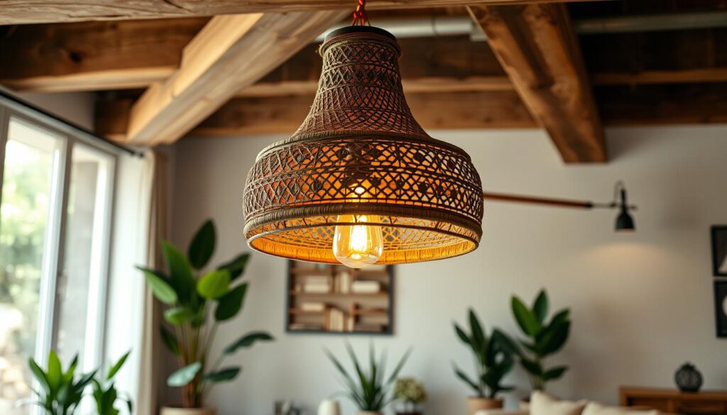 Boho pendant light hanging from a rustic wooden beam, featuring intricate woven patterns, warm earthy tones, and soft glowing bulbs, surrounded by a cozy modern living room with plants and natural textures,