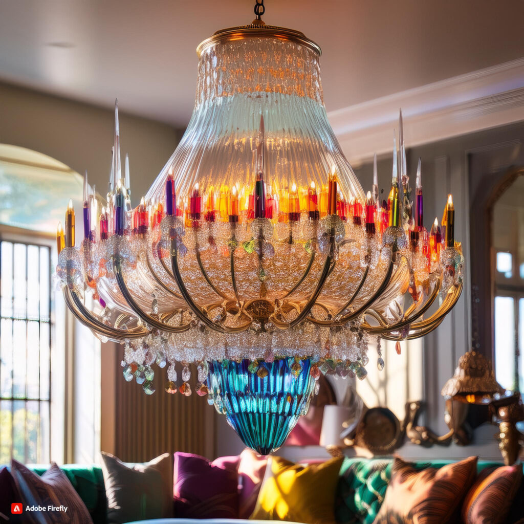 Elegant Murano glass chandelier with intricate glass arms and colorful pendants illuminating a luxurious living room