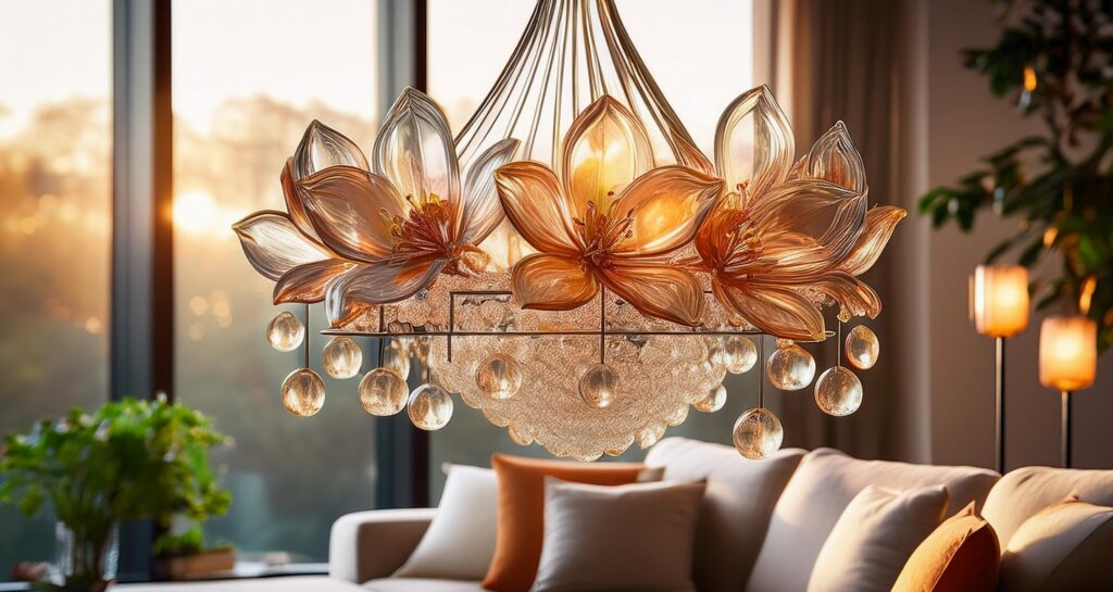 Elegant floral glass chandelier with intricately crafted glass flowers, illuminating a modern living room with a warm glow