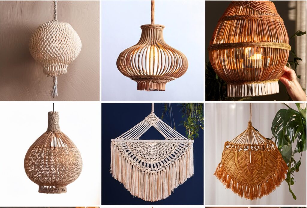 Collage showcasing various styles of Boho chandeliers, including macramé, rattan, beaded, and woven designs, each offering unique textures and natural materials for a stylish, eclectic home décor