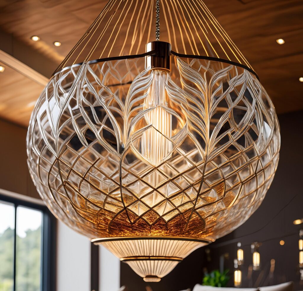 Hand blown chandelier featuring intricate glasswork, suspended from a ceiling in a modern living room, illuminating the space with elegance and craftsmanship