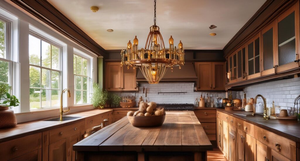 Retro brass chandelier in a rustic farmhouse-style kitchen, adding nostalgic charm and warmth to the space with wooden cabinets and metallic accents