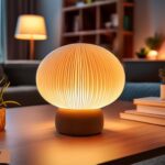 Stylish cordless mushroom lamp glowing in a dimly lit modern living room