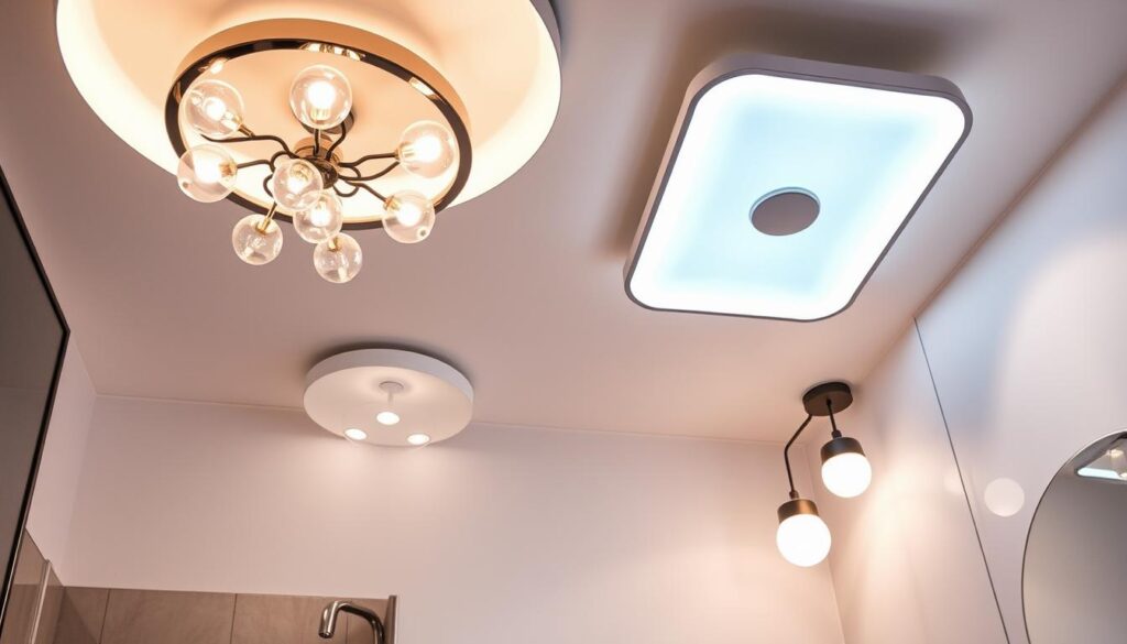 bathroom ceiling light fixtures Stylish bathroom ceiling light fixtures, modern design, sleek and elegant, warm ambient lighting, various shapes and materials, chandelier, pendant lights, minimalist aesthetic, soft color palette, contemporary bathroom setting.