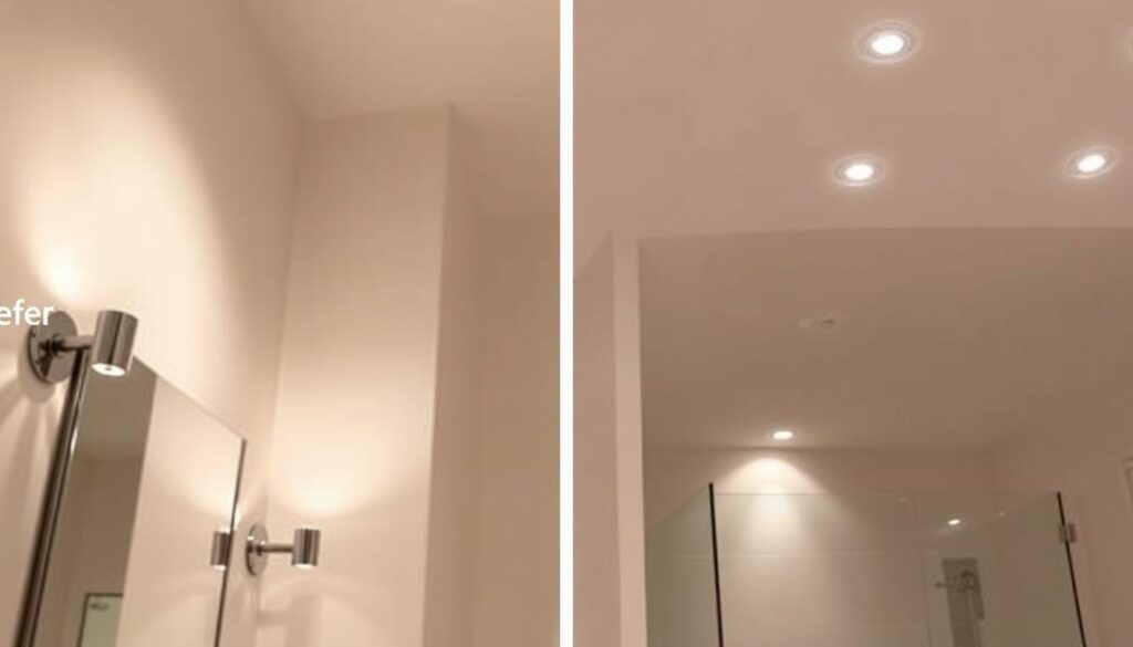A modern bathroom interior featuring strategically placed ambient and task lighting, showcasing soft wall sconces beside a mirror, recessed ceiling lights for even illumination, and accent lights highlighting decorative elements, with a clean, minimalist design and neutral color palette.
