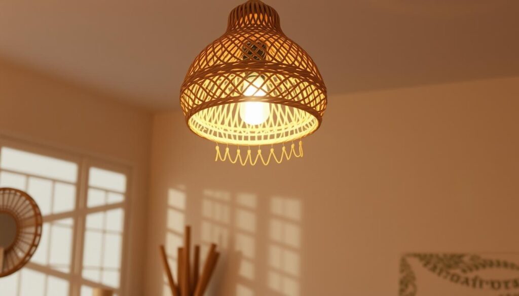 bohemian pendant light, intricate woven design, warm ambient glow, hanging over a cozy living space, natural materials like rattan and wood, soft shadows casting on the wall, stylish and inviting home decor