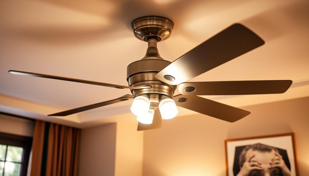 A stylish ceiling fan with integrated lights, modern design, sleek metallic finish, softly glowing LED lights, set against a cozy living room backdrop, warm color palette, elegant ambiance, showcasing both form and function.