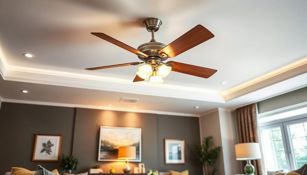 A modern living room featuring an elegant ceiling fan with integrated lights, showcasing stylish blades and a warm glow, surrounded by tasteful decor and cozy furniture, highlighting the blend of functionality and aesthetics in a bright, inviting atmosphere.
