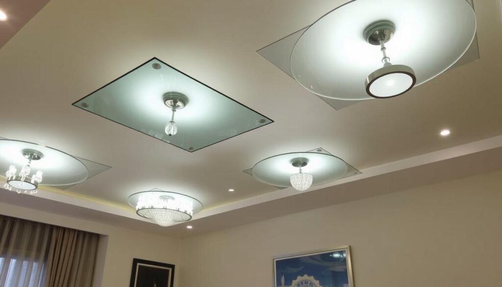glass ceiling fixtures "Modern glass ceiling fixtures with elegant designs, showcasing a seamless blend of style and functionality, set in a contemporary living space, soft ambient lighting, minimalist aesthetics, https://radientdecorlab.com/"