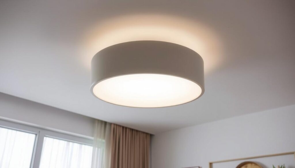 low profile ceiling light A sleek, modern low profile ceiling light fixture, minimalist design, with a matte finish, gently diffusing soft white light, set against a clean, contemporary interior with neutral colors and elegant furnishings.