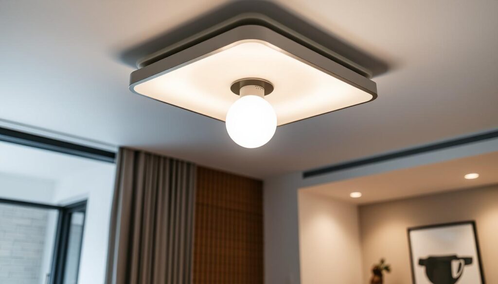 low profile ceiling light A modern low-profile ceiling light fixture with a sleek design, minimalistic shape, and soft ambient glow, set against a stylish interior in a contemporary home space, showcasing elegance and functionality.