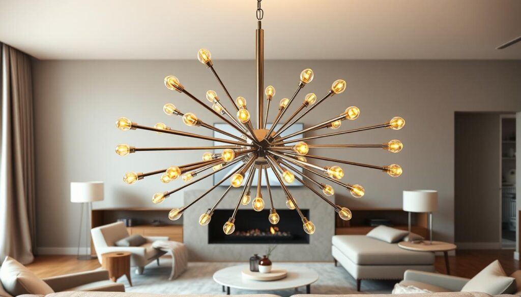 modern sputnik chandelier A sleek modern sputnik chandelier with multiple elongated arms radiating outwards, each adorned with warm glowing bulbs, set against a minimalist living room backdrop featuring neutral colors and contemporary furniture, soft ambient lighting enhancing the elegance of the chandelier, showcasing a blend of mid-century design and modern aesthetics.