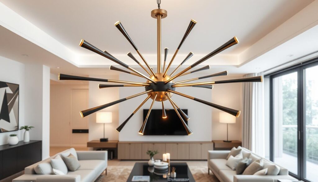A modern Sputnik chandelier with sleek, geometric arms radiating from a central orb, finished in brushed gold and matte black, illuminating a stylish contemporary living room with soft ambient light, surrounded by minimalist furniture and neutral-toned decor.