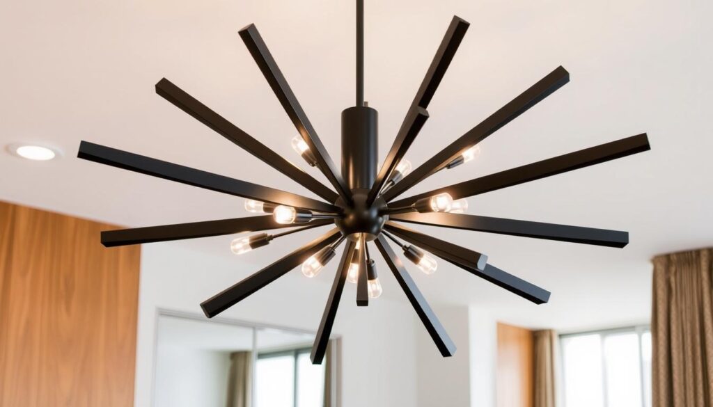 modern sputnik chandelier black Modern black Sputnik chandelier with sleek, angular lines, radiating light from multiple arms, set against a minimalist interior with warm wood accents and a neutral color palette.