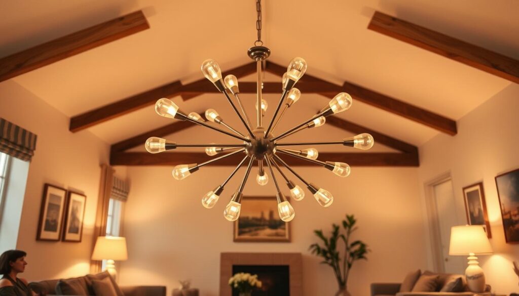 sputnik chandelier "Mid-century modern living room featuring a vintage Sputnik chandelier, elegant metallic arms and bulbs radiating outward, warm ambient lighting, retro furniture, soft color palette, inviting atmosphere"