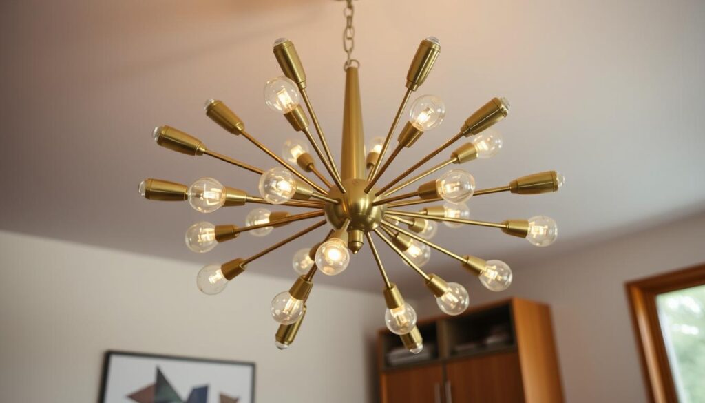 sputnik chandelier vintage A vintage Sputnik chandelier featuring intricate brass arms, starburst design, and retro glass bulbs, set against a mid-century modern room with soft lighting and warm wood tones.