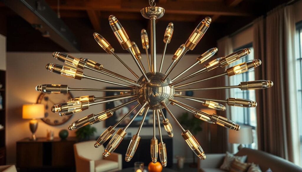 A stunning vintage Sputnik chandelier, featuring multiple elongated arms radiating from a central sphere, embellished with retro metallic finishes, golden and brass accents, and warm ambient lighting, set against an elegantly decorated room with mid-century modern furniture and soft textures.
