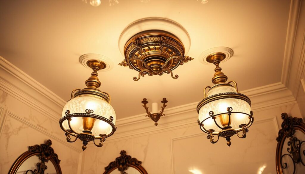 traditional bathroom ceiling light fixtures A classic bathroom featuring traditional ceiling light fixtures, ornate design with vintage brass accents, soft warm glow, elegant glass shades, intricate detailing, timeless aesthetic, soft pastel wall colors, luxurious marble finishes, vintage decor elements.
