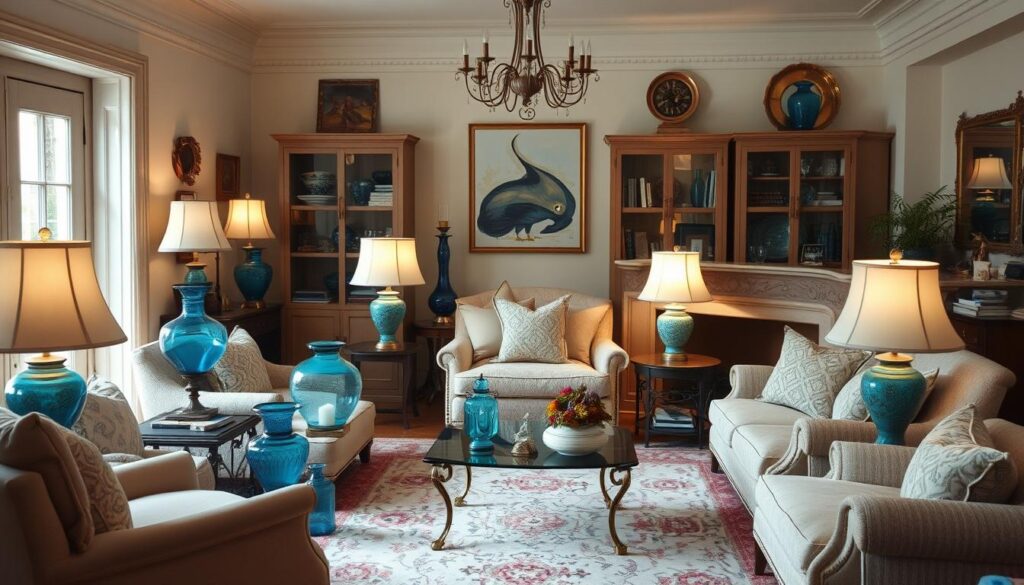 vintage blue glass lamps A cozy living room featuring an assortment of vintage blue glass lamps, casting a warm glow, surrounded by elegant furniture and soft textiles, with a softly patterned rug underfoot, and decorative elements that evoke a timeless charm.
