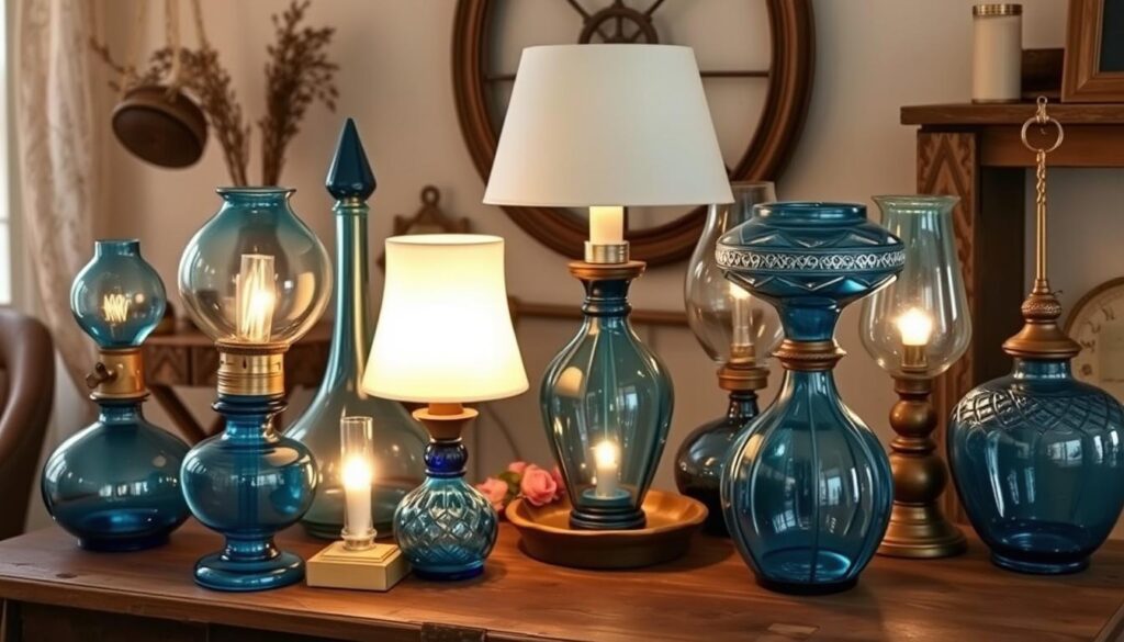 vintage blue glass lamps A collection of vintage blue glass lamps of various shapes and sizes, displayed elegantly on a rustic wooden table, soft warm light glowing from their shades, surrounded by delicate vintage home decor elements, rich textures, and an inviting atmosphere.