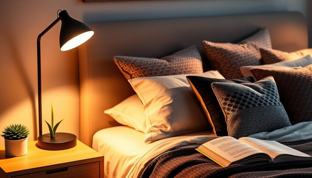 Bedside Reading Lights A cozy bedroom scene featuring stylish bedside reading lights with warm, soft illumination, modern design elements, contrasting textures in the decor, a plush bed with decorative pillows, a minimalist nightstand adorned with a small plant and an open book, inviting atmosphere, evening ambiance with gentle shadows.