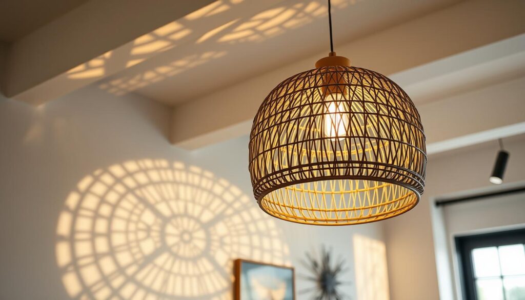 Rattan pendant light Stylish rattan pendant light hanging from a modern ceiling, intricate woven design casting artistic shadows on the wall, warm ambient lighting creating a cozy atmosphere, surrounded by minimalist decor elements in a contemporary space.