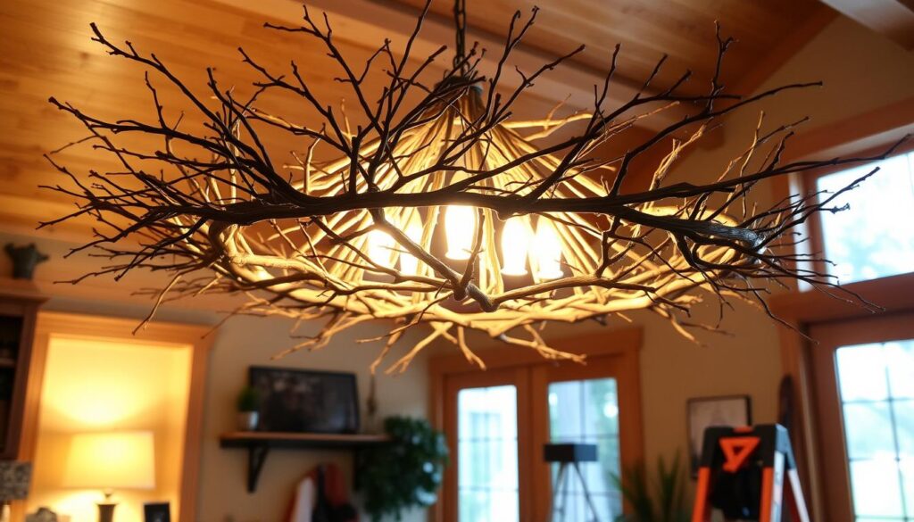 Tree branch chandelier installation