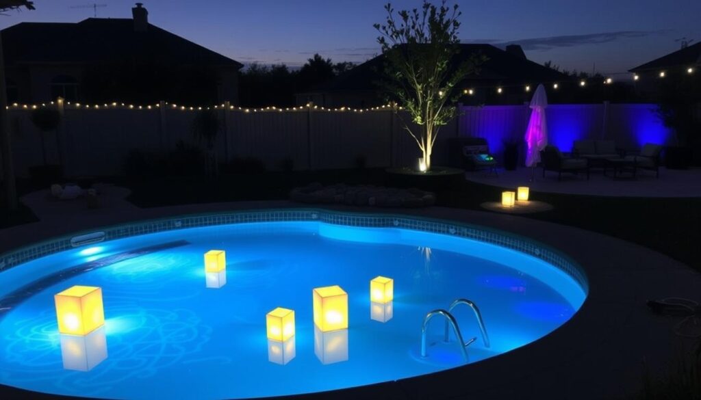 above ground pool lights A serene backyard at dusk featuring a sparkling above ground pool illuminated by various stylish lights, including LED strip lights along the pool's edge, glowing floating lanterns on the water, and colorful underwater lights creating a vibrant display. The surrounding area is decorated with soft landscaping and cozy seating, providing a perfect ambiance for relaxation.