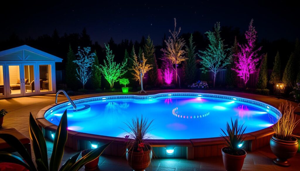 above ground pool lights A serene night scene featuring an above ground pool illuminated by colorful LED lights, reflecting vibrant hues on the water surface. Soft glow from the lights casts enchanting shadows on surrounding greenery and patio decor, creating a tranquil atmosphere. The pool is surrounded by stylish deck furniture and elegant plants, with a starry sky overhead, enhancing the magical ambiance.