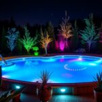 A serene night scene featuring an above ground pool illuminated by colorful LED lights, reflecting vibrant hues on the water surface. Soft glow from the lights casts enchanting shadows on surrounding greenery and patio decor, creating a tranquil atmosphere. The pool is surrounded by stylish deck furniture and elegant plants, with a starry sky overhead, enhancing the magical ambiance.