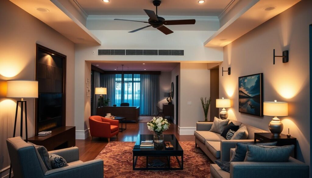 accent lighting A modern living hall with stylish accent lighting, showcasing warm, ambient hues highlighting furniture and decor, elegant floor lamps casting soft shadows, decorative wall sconces illuminating artwork, a cozy atmosphere with a blend of colors and textures, inviting and vibrant interior design.