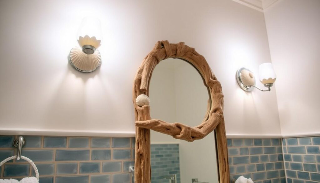 beachy bathroom lighting ideas Coastal bathroom interior with soft, diffused lighting, featuring seashell-shaped sconces, a driftwood mirror, and ocean-blue tiles, complemented by warm white light illuminating a serene beach-inspired decor, natural textures and colors, a sense of tranquility and seaside charm.