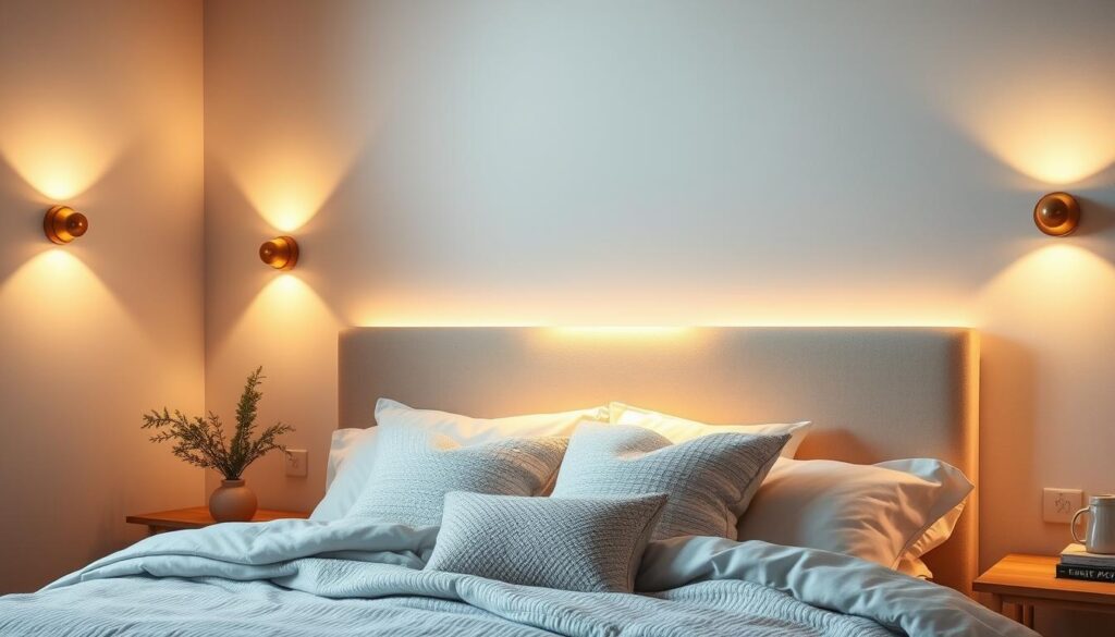 bedroom wall lights Elegant bedroom wall lights casting a warm, inviting glow, featuring modern designs with soft diffused light, complemented by cozy decor elements like plush bedding and decorative pillows, in a serene color palette of soft blues and warm whites, creating an ambiance of relaxation and comfort.