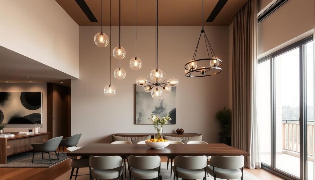 dining room lighting trends "Contemporary dining room with elegant light fixtures, showcasing stylish illumination, featuring a blend of minimalist pendant lights and a statement chandelier, warm color palette, modern furniture, large dining table, soft ambient lighting, open space design"